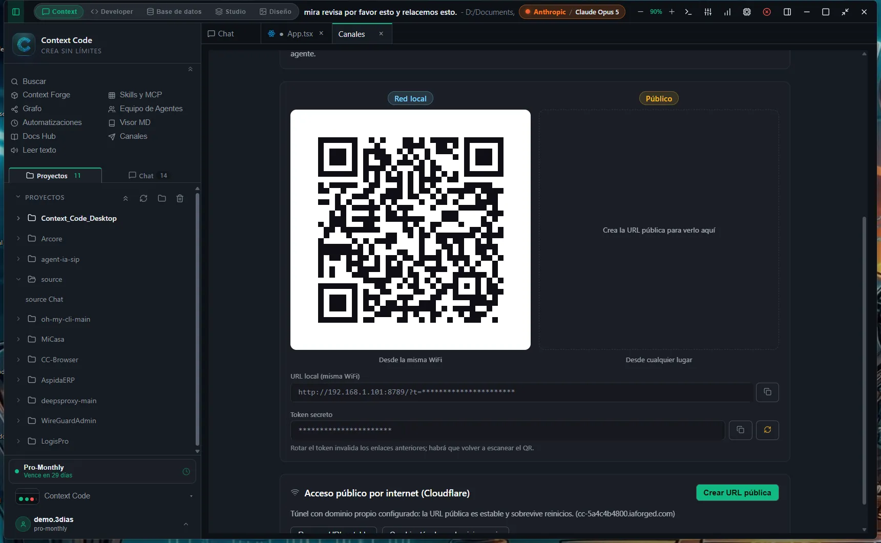 Pairing screen with the QR code on the desktop and the phone scanning it