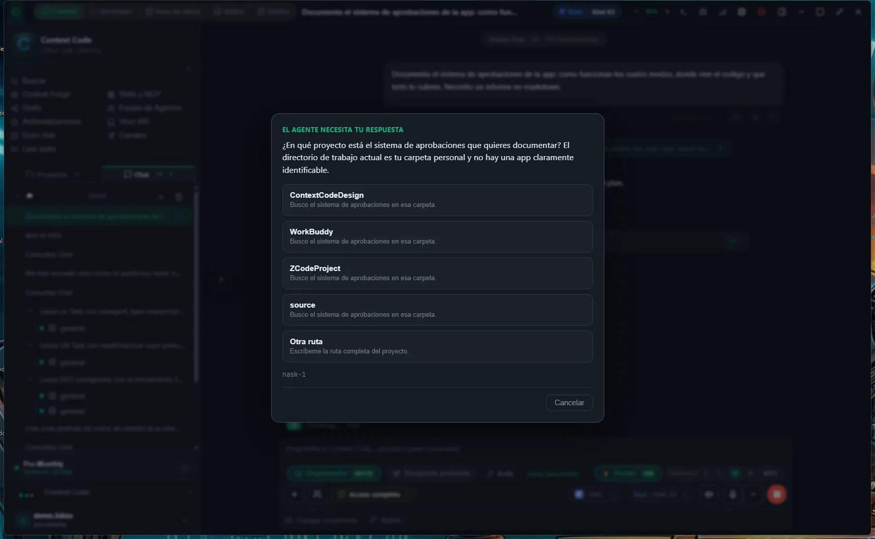Modal where the agent asks the user before continuing