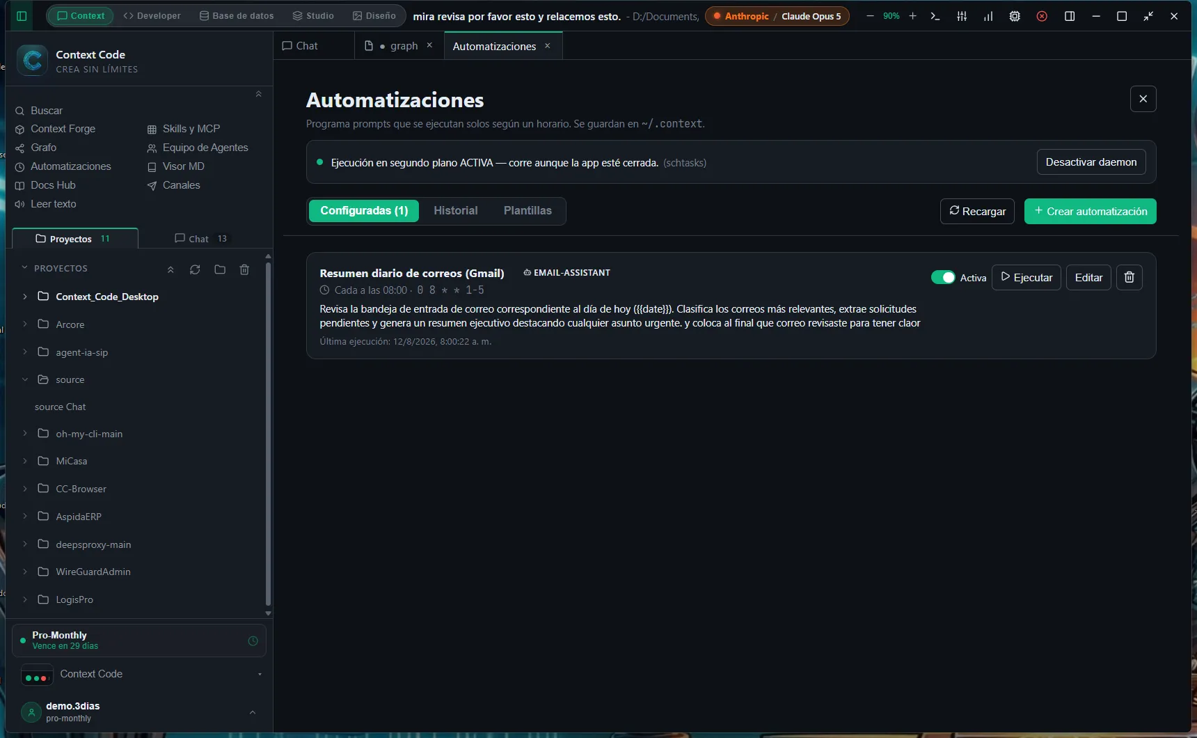 Automations panel with the list of configured tasks