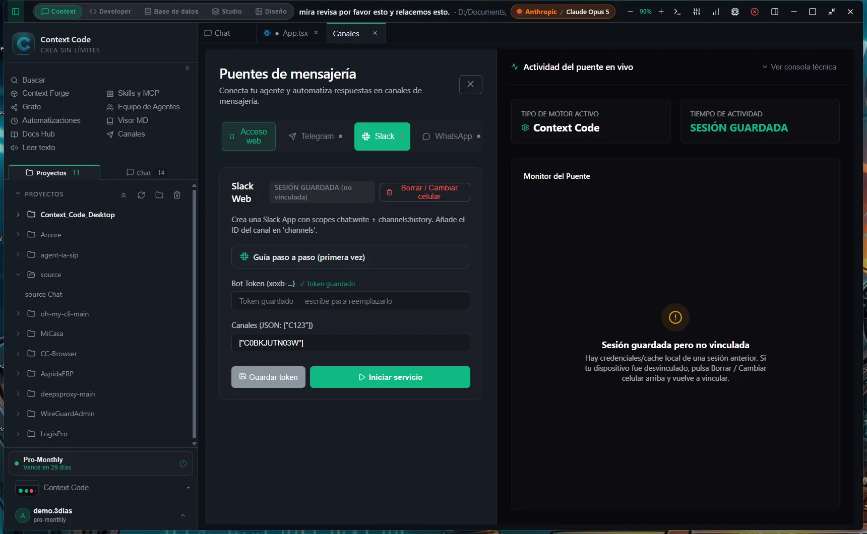 Configuração do canal do Slack com scopes e canais