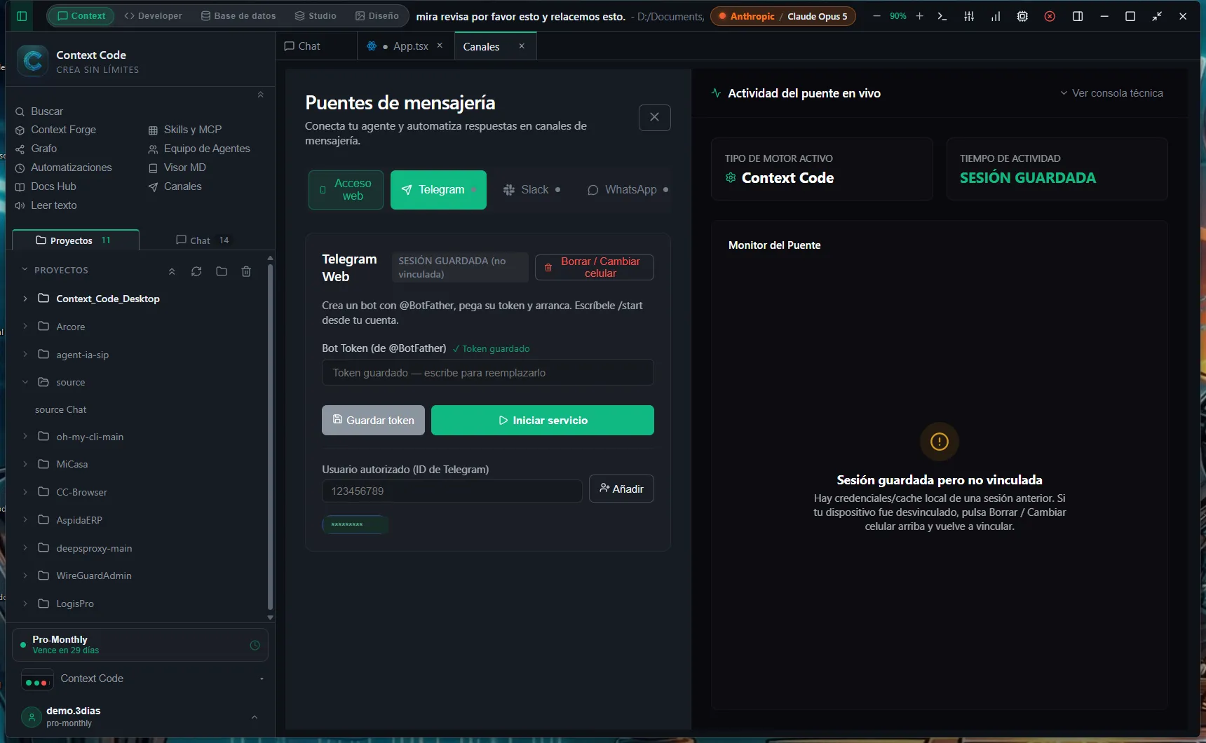 Configuração do canal do Telegram com seu monitor de ponte