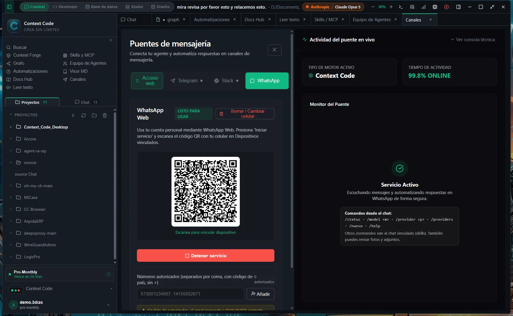 Painel de canais mostrando o QR code de conexão do WhatsApp