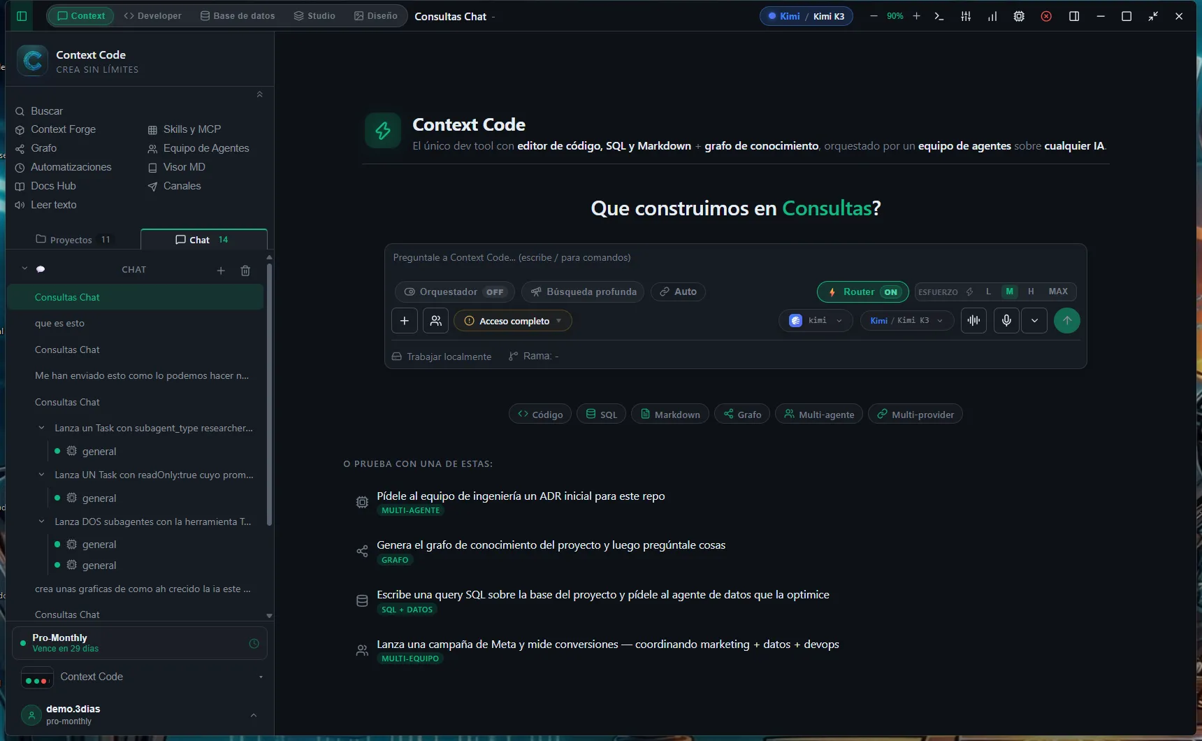Welcome screen of a new chat with task suggestions