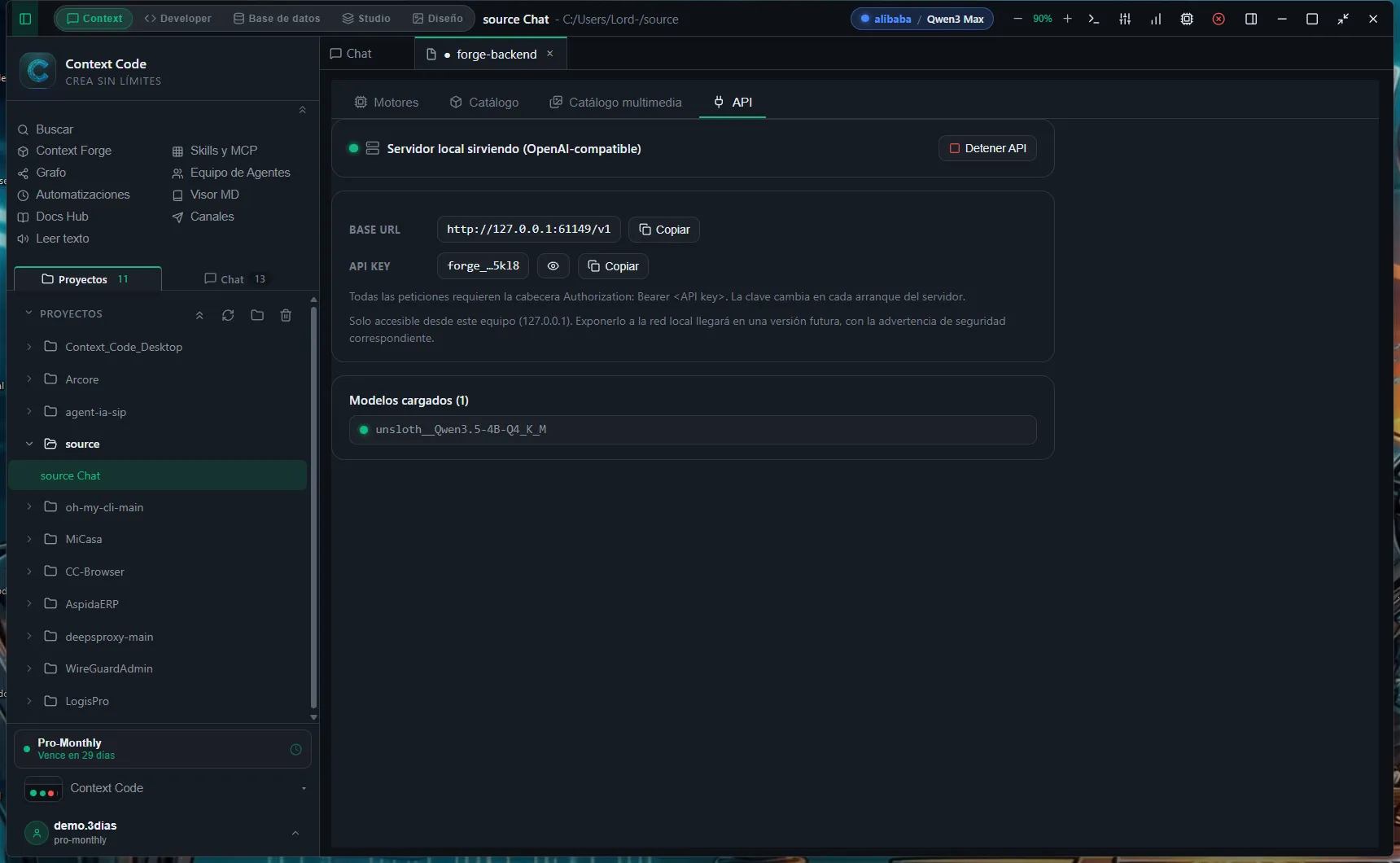 Context Forge API tab with the Base URL and the API key