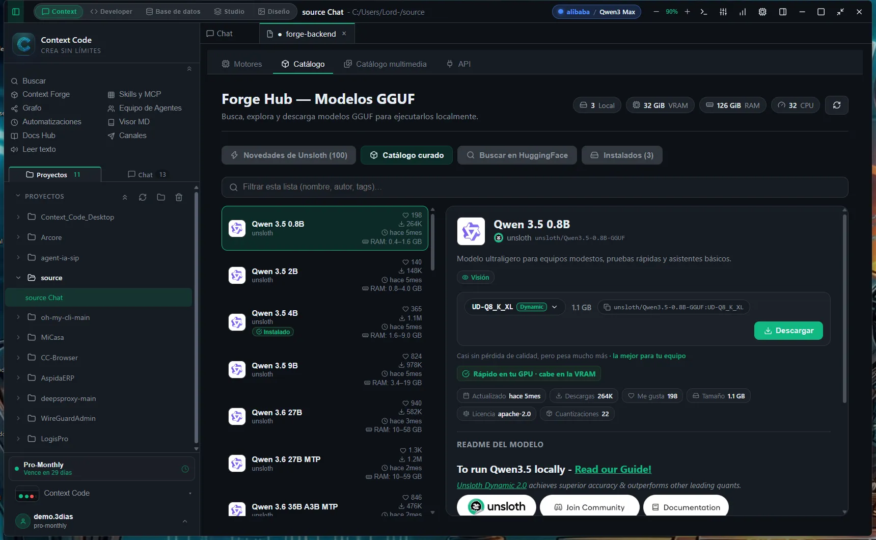 Forge Hub with the GGUF model catalog and its quantizations