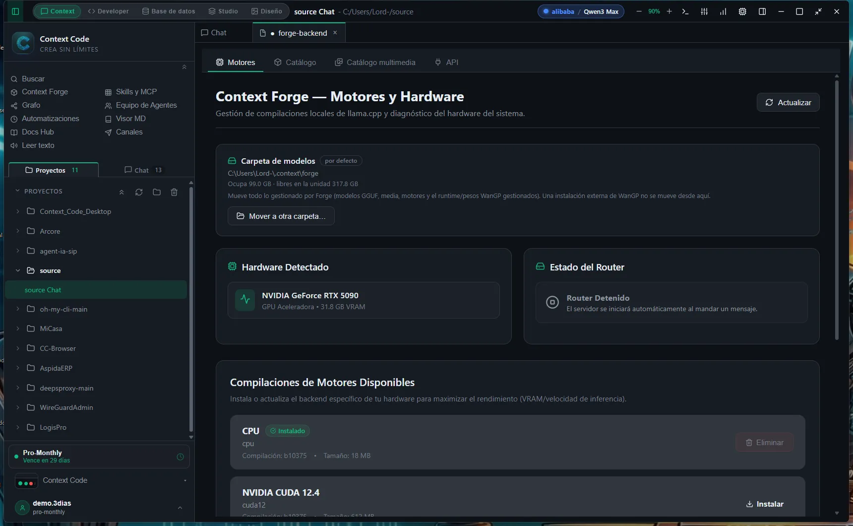 Context Forge engines tab with the per-hardware binaries