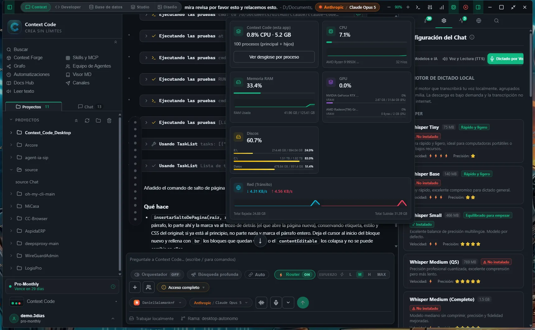 Monitor de sistema com CPU, memória, GPU, discos e rede