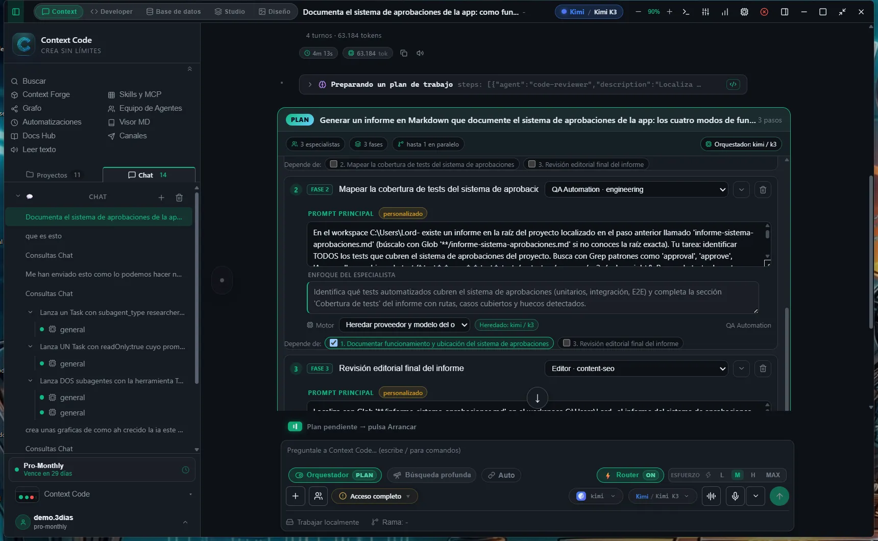 Fases do plano com seu papel, prompt e dependências