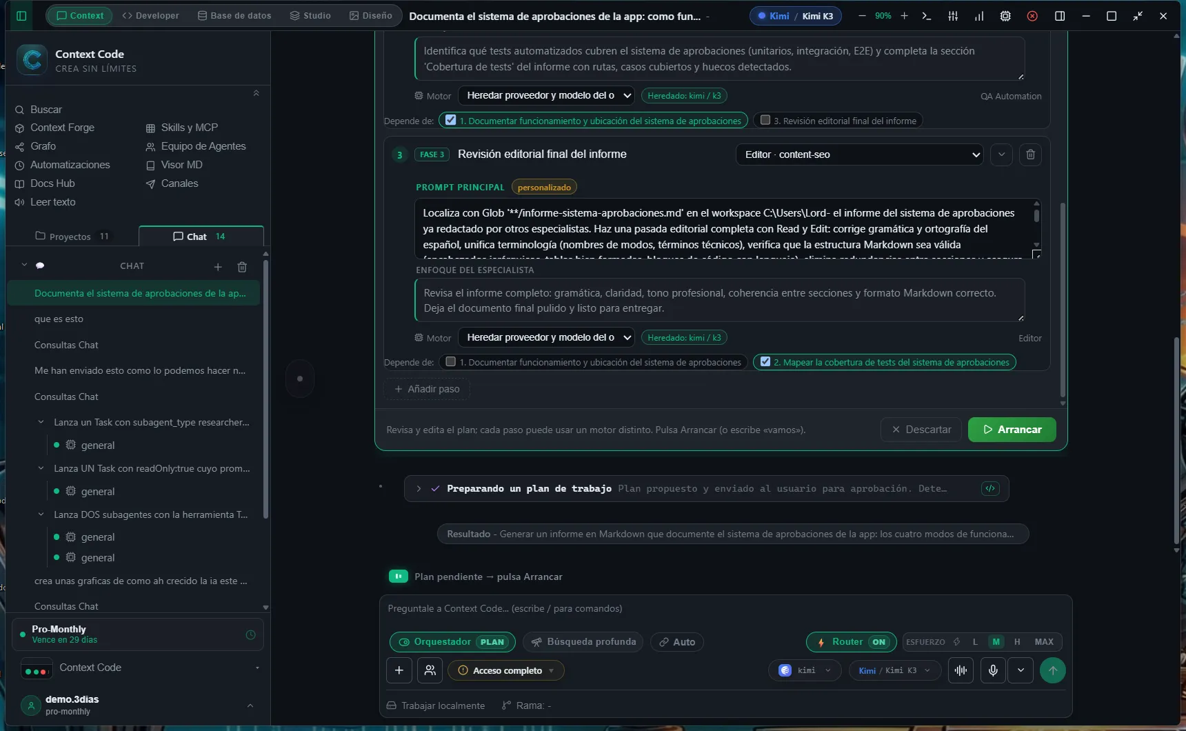 Plano proposto pelo orquestrador com o botão Iniciar
