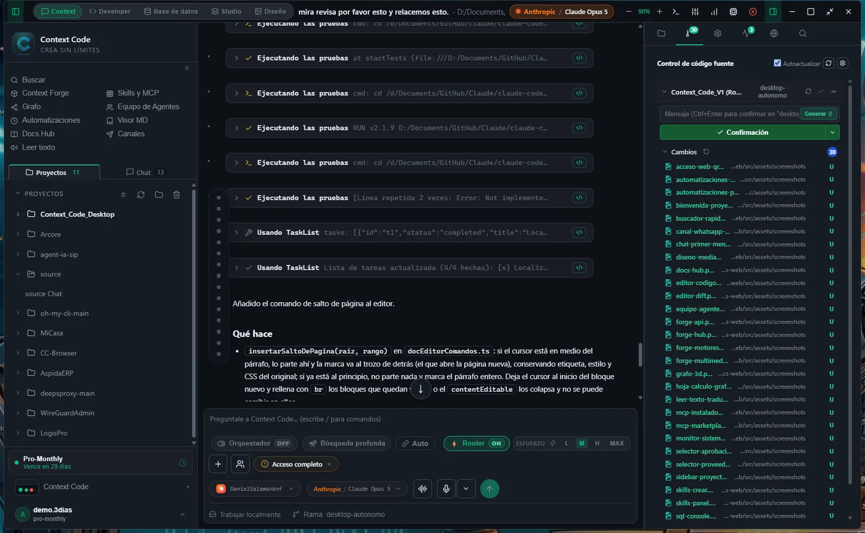 Git panel with pending changes and the commit message field