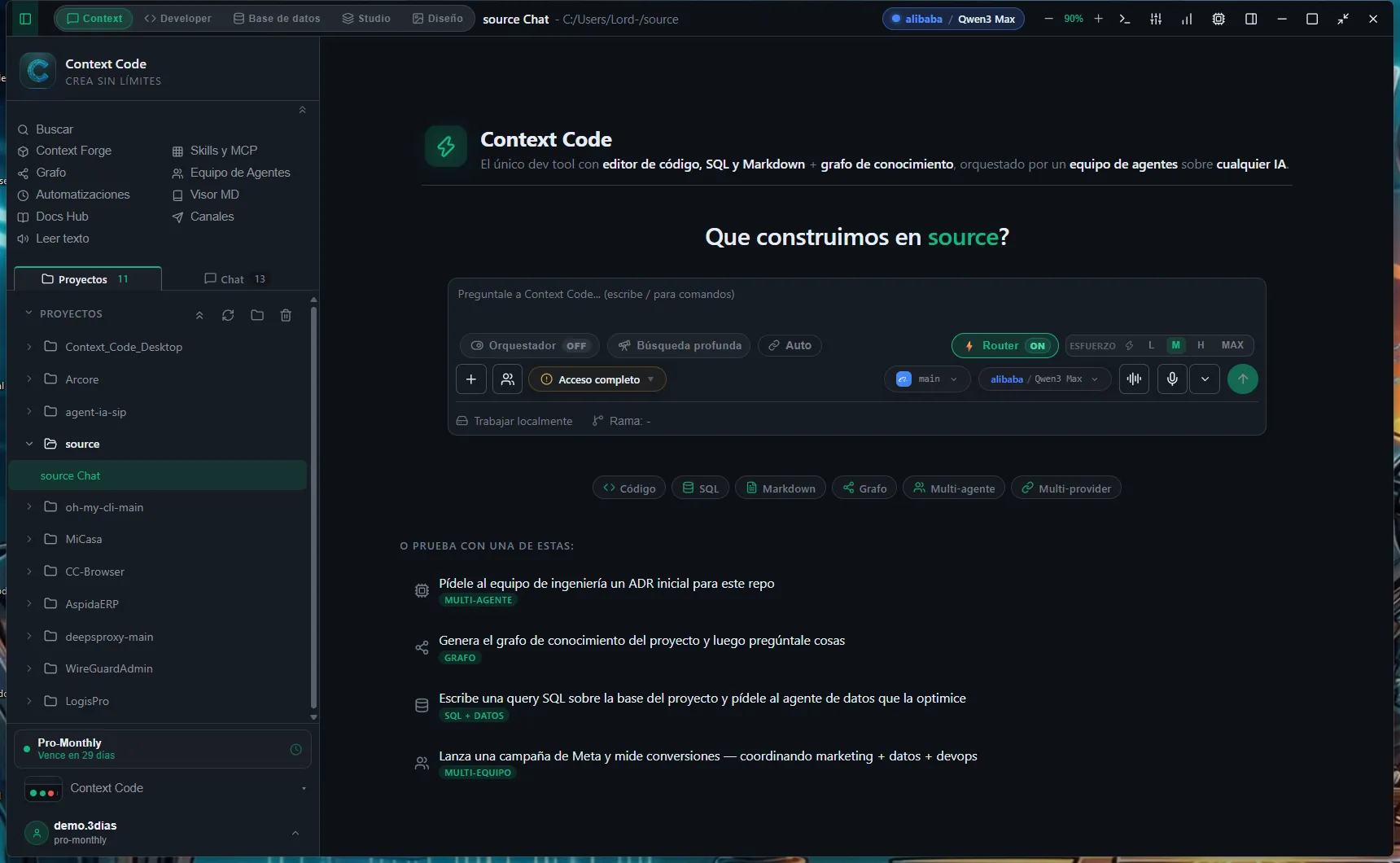 Sidebar with the list of projects