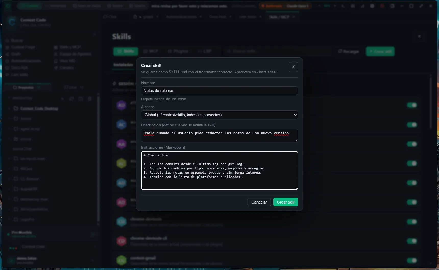 Form for creating a Skill