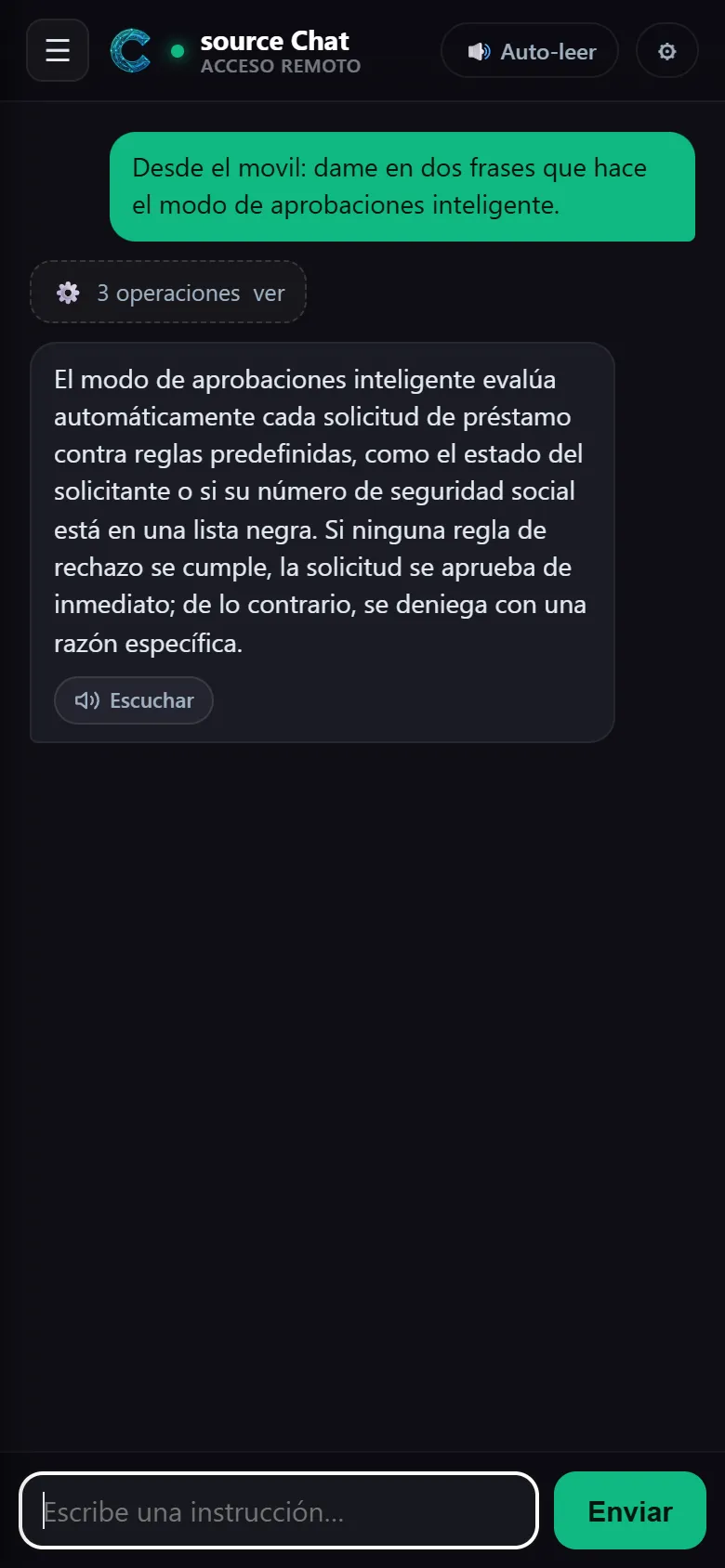 A Context Code chat opened from the phone with the agent's reply